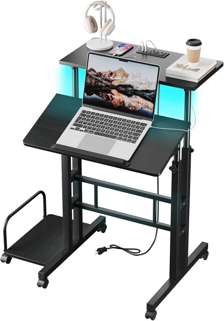 Dripex Mobile Standing Desk with Power Outlets & Strip Lights, Rolling Small Desk, Adjustable Height Laptop Table with Wheels, Portable Sit-Stand Workstation for Home Office
