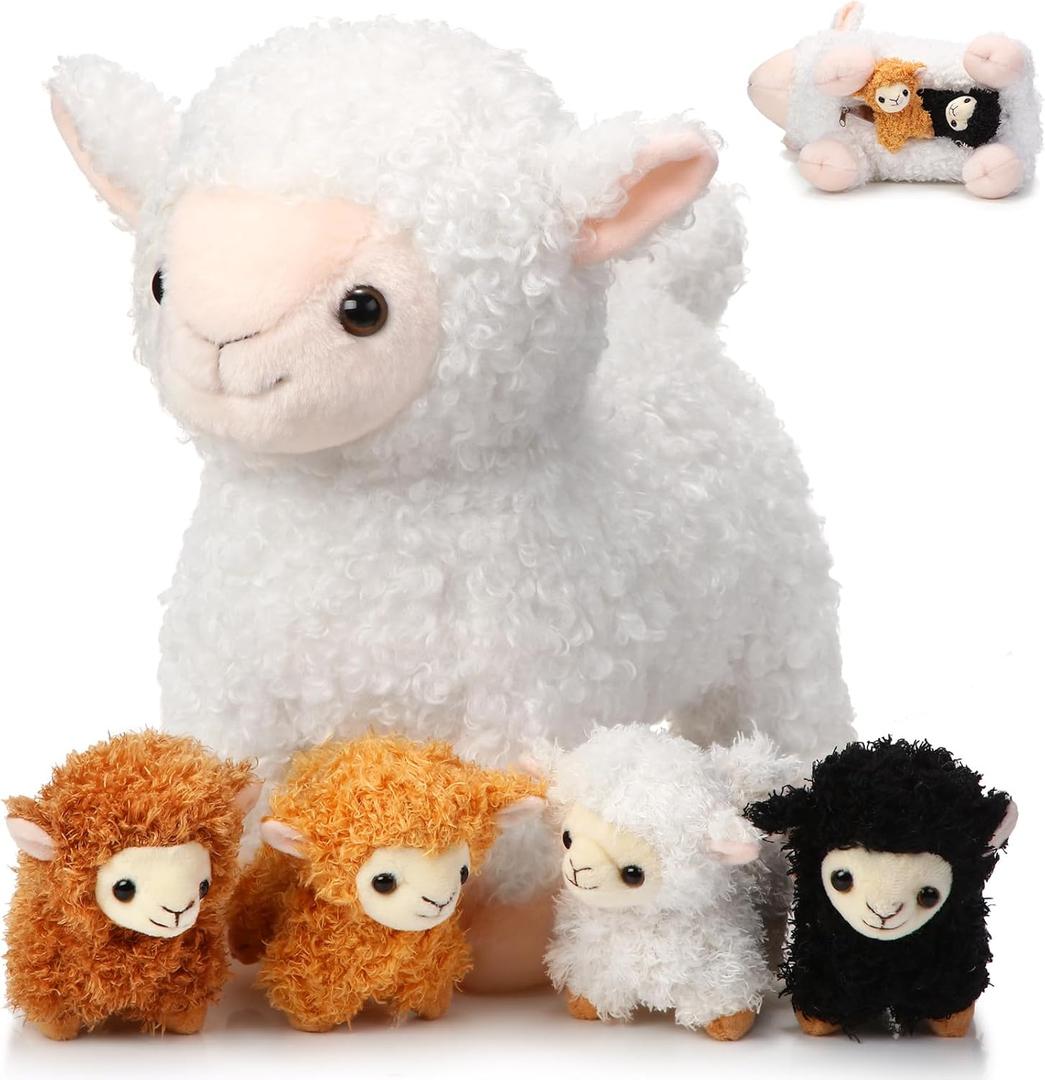 Lenwen 5 Pcs Lamb Stuffed Animal Toys Sets, 14 Inch Mommy Lamb Plush with 4 Cute Babies in Her Zippered Tummy Soft Cuddly Sheep Plushie for Farm Christmas Birthday Easter Gifts(Cute Style)