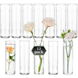 Small Cylinder Glass Vases for Centerpieces: Glasseam Clear Vase Set of 12 Modern Centerpiece Vases for Table Wedding Home Party Decor 5.9In Bud Vase for Flowers Single Stem Roses Tulips