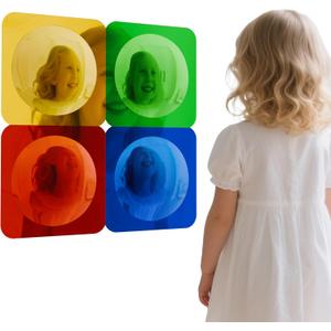 4 Pcs Sensory Wall Mirror Acrylic Bubble Mirror Wall Decoration for Kids Classroom Kindergarten Sensory Room Science Classroom Decompression Space (10 x 10 Inch,Red,Yellow,Green,Blue)