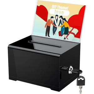 Uniclife Black Acrylic Donation Box for Fundraising Suggestion Box with Slot and Lock Plastic Ballot Boxes with Sign Holder Storage Container for Voting Charity Tip Collection, 6.2" x 4.7" x 4" (1 Pack)