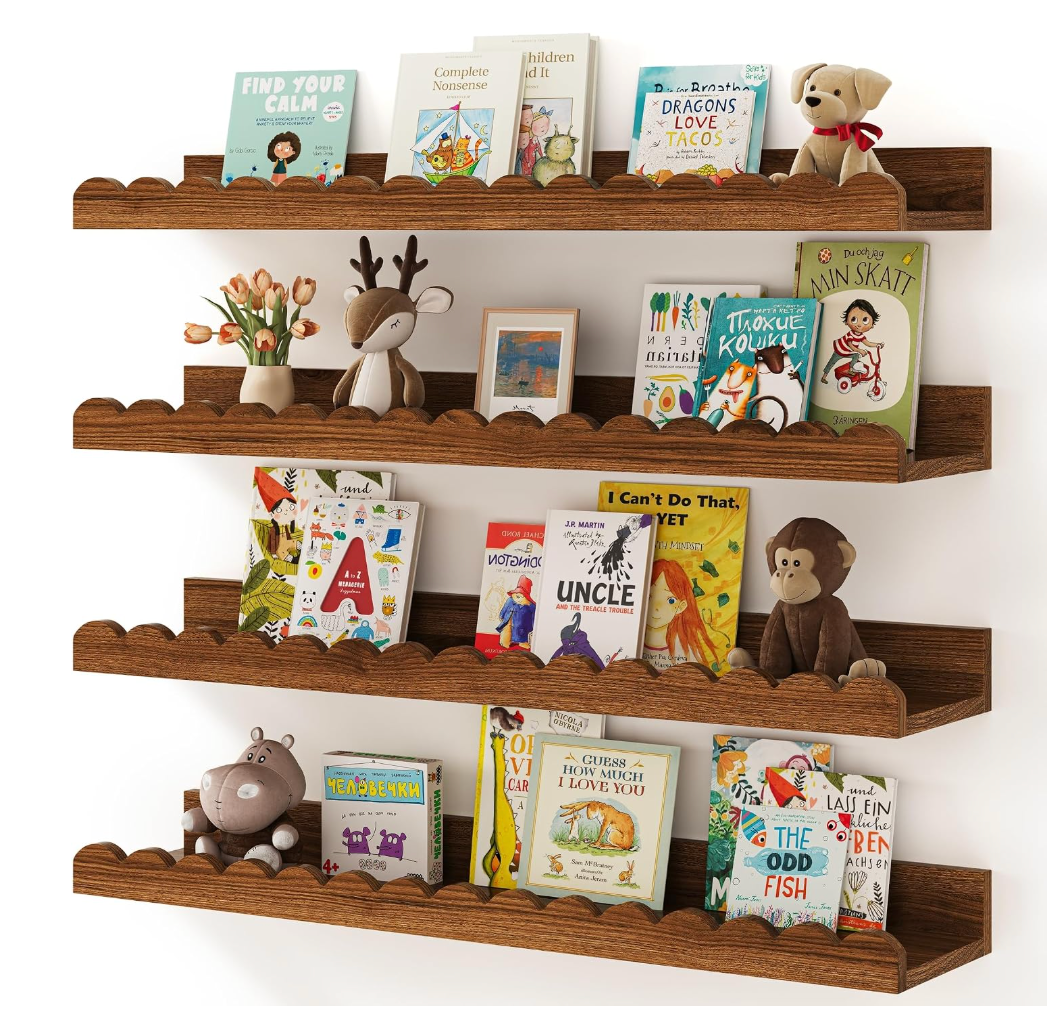 Shario Nursery Book Shelves, 4-Pack White Floating Shelves for Wall Kids, Scalloped Shelves, Wall Book Shelves for Bedroom Kids, Toddler Room, Baby Room, Nursery Decor