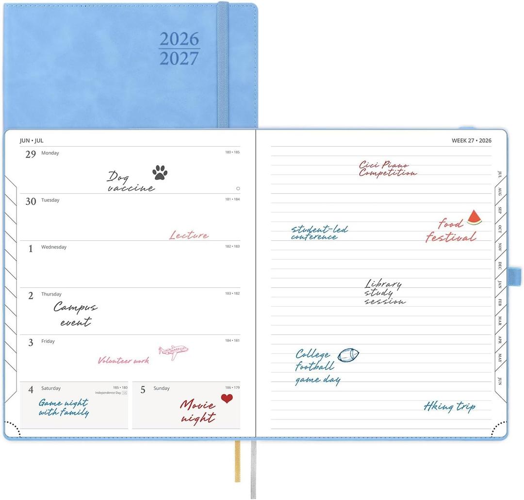 POPRUN Weekly Planner 2026-2027 (Large 8.5''x 10.5'') Academic Calendar (JUL.26 - JUN.27) Appointment Book with Monthly Tabs, Leather Soft Cover, Inner Pocket, 100 GSM - Cerulean Blue