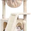 SYANDLVY Cat Tree for Indoor Cats Large Adults, Modern Activity Tower with Scratching Posts & Board, Condo with Plush Perch, Climbing Stand with Cradle & Hanging Ball for Play, Beige