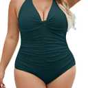 B2prity Women's Plus Size One Piece Swimsuit Tummy Control Ruched Slimming Bathing Suit Halter V Neck Swimwear (Blue), XL