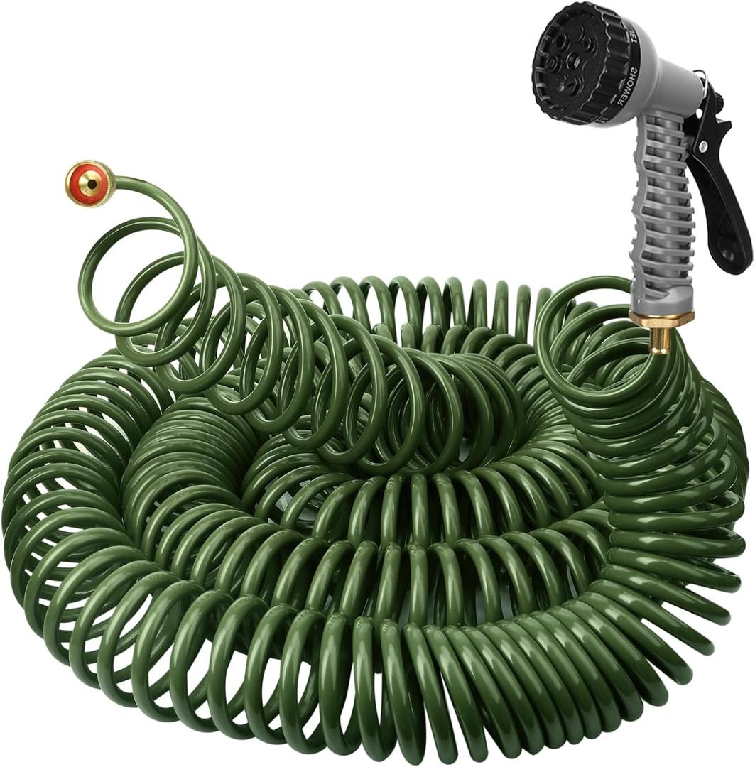 100 FT Lightweight Coiled Garden Hose EVA Flexible with 7 Function Nozzles and Brass Connectors for Garden Watering Plants Greenhouses Patios Olive Green