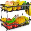 Large 2 Tier Fruit Basket for Kitchen Counter with 2 Banana Hangers, Metal Fruit Bowl with Protection Mats for Vegetable Bread Snack, Countertop Organizer  Black, 14.5" W x 9.5" D
