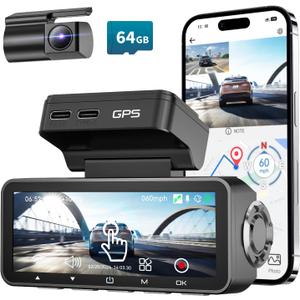Dash Cam Front Rear, IMX415 Sensor 4K 30fps/2K 60fps+1080p, Touch Screen Dash Camera for Car, Voice Control, Built-in GPS WiFi, HDR Night Vision, 64GB Card, 160° Wide Angle, 24H Parking Monitoring