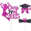 3 Pcs Coquette Bow 2025 Graduation Cake Topper Rose Glitter Class of 2025 Cake Topper Congrats Grad Cake Decor for Girls 2025 Senior High School Graduation Party Cake Supplies Decorations, Pack of 2