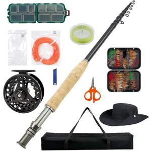 Telescopic Fly Fishing Rod and Reel Combo Kit 10FT 7/8WT Carbon Fiber Fly Rod Aluminum Reel 11-Piece Fly Fishing Set with Fly Line Backing Leader Fly Box Hat Carrying Bag