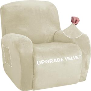 ZNSAYOTX Stretch Velvet Recliner Cover 4-Pieces, Thick Soft Recliner Chair Slipcover with Pocket, Non-Slip Elastic Bottom for Kids Pets, Luxury Plush Reclining Protector Comfy Washable (Beige) (Large)