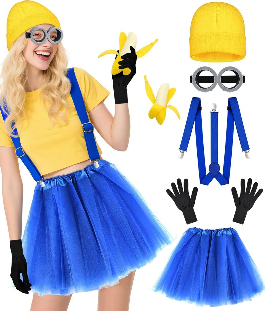 MEEZY 5 Pcs Yellow Halloween Costume Accessories Women Beanie Tutu Skirt Suspenders Goggles Cosplay Dress Up Supplies (Adult)