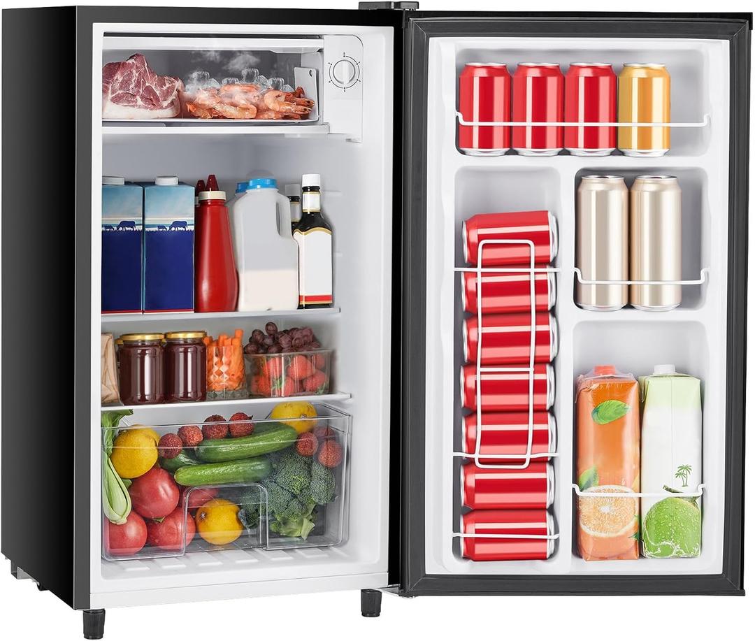 Sweetcrispy 3.2 Cu.Ft Mini Fridge with Freezer Small Refrigerator Single Door Adjustable Thermostat Energy-efficient Low Noise, Compact Fridge for Bedroom, Office, Dorm (Black), One Door