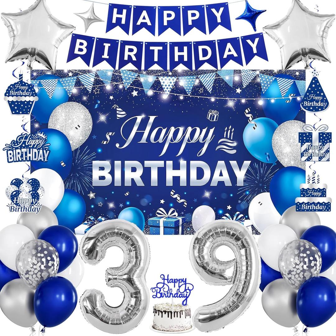 39th Birthday Decorations for Men & Women, Navy Blue and Silver Happy 39th Birthday Party Decorations with Number Balloons, Hanging Swirls, Cake Topper for 39 Years Old Party Supplies