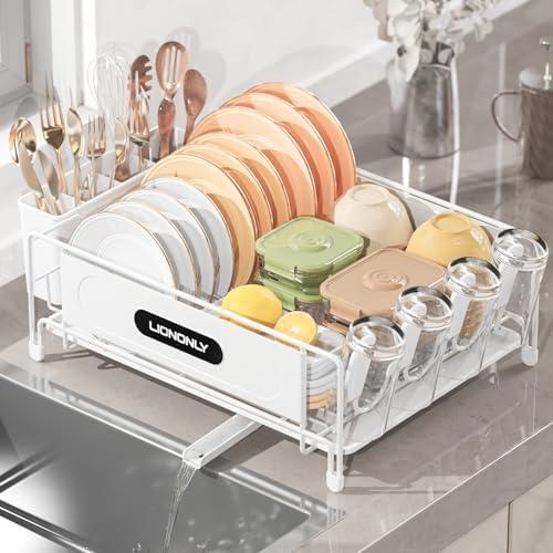 Dish Drying Rack, Dish Racks for Kitchen Counter, 304 Stainless Steel Dish Drainer Drainboard Set with Smart Drainage, 360 Adjustable Spout, Utensil Holder and Cup Holder, White