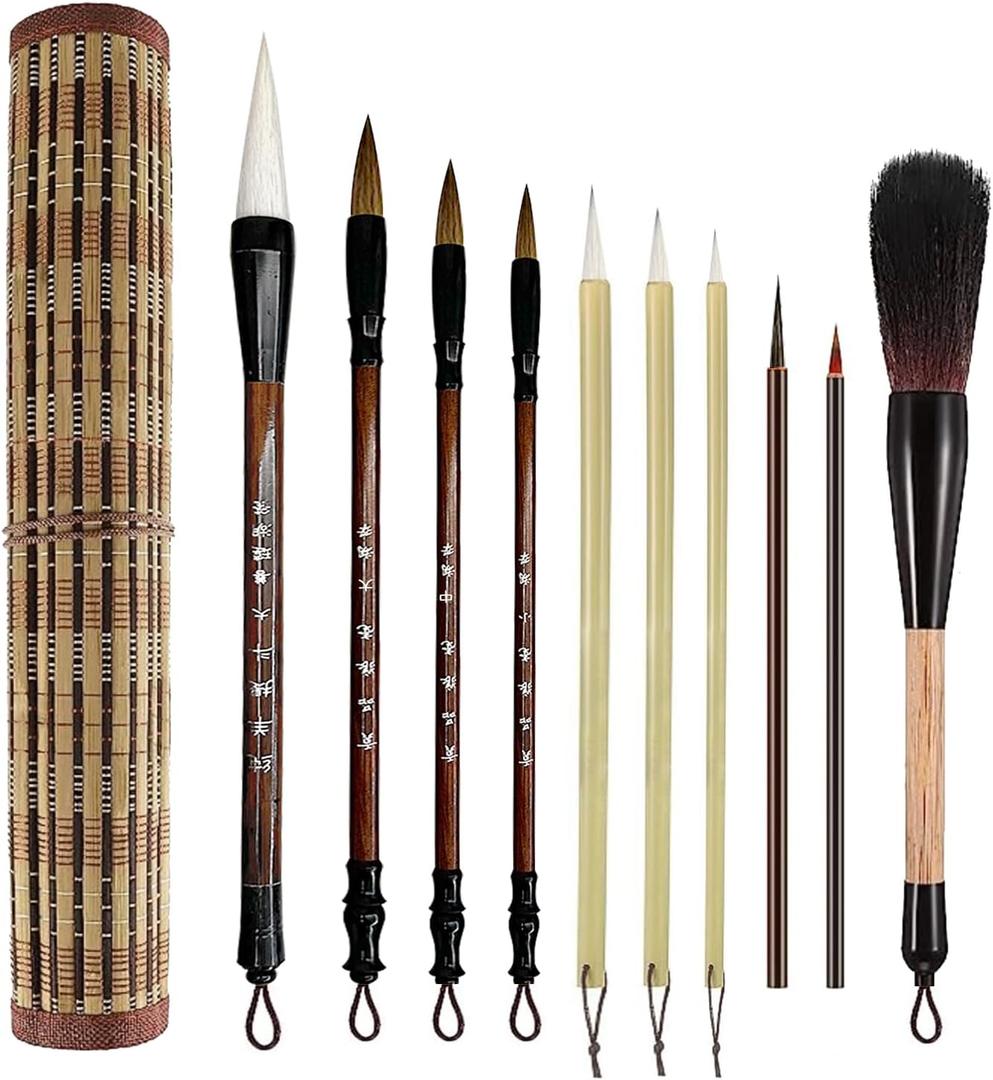 10-Piece Chinese Calligraphy Brush Set - Premium Writing Brushes with Roll-up Bamboo Brush Holder
