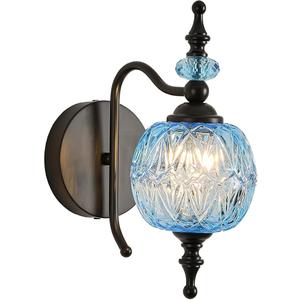 Vintage Wall Sconces with Black Finish Bathroom Blue Wall Light Fixtures with Crystal Glass Shade for Bedroom Living Room Kitchen Hallway