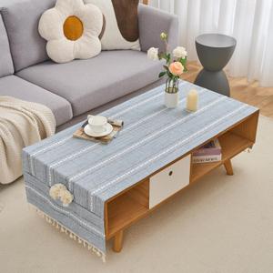 Rectangular Coffee Table Covers for Living Room Striped Embroidered Tablecloth Linen Coffee Table Cloth with Pockets and Tassels Washable Fabric for Kitchen Housewarming Home Decor 2060 Inches Gray