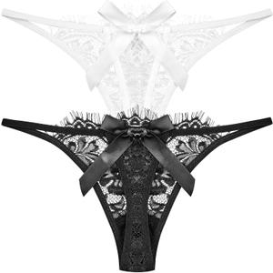 G String Thongs for Women T-back Lace Underwear Low Waist V-Shape Sexy Panties for women, Bow Lingerie, 2 Pack (Small) G String Thongs for Women T-back Lace Underwear Low Waist V-Shape Sexy Panties for women, Bow Lingerie, 2 Pack (Small)