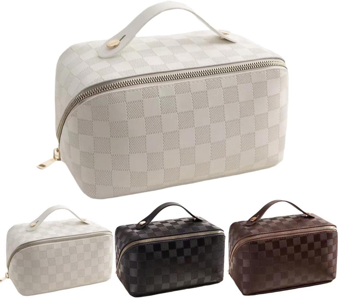 BIVIZKU Large Capacity Brown Checkered Makeup Bags Portable Travel Cosmetic Bags Open-Flat Toiletry Bag for Women Girls Make Up Organizer with Divider Pouch Zipper Bag (white-checkered)