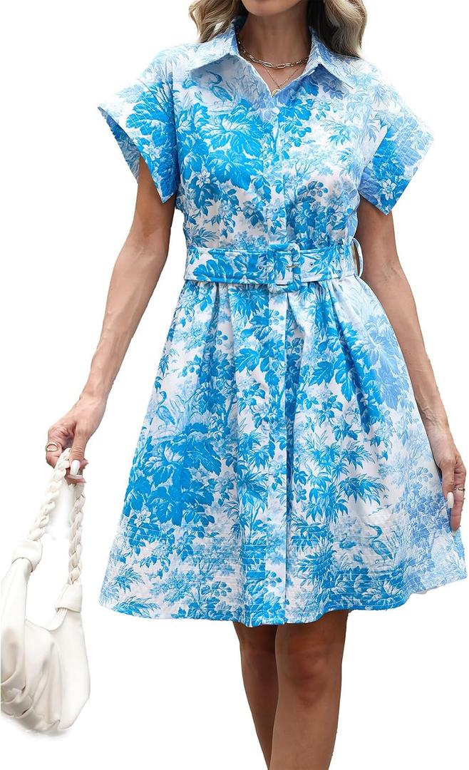 Women's Button Down Shirt Dress Floral Printed V-Neck Turn Down Short Sleeve Mini Casual Trench Coat Formal (White, XL)