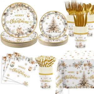 MEHOFOND Christmas Party Supplies193PCS, Gold Christmas Tree Disposable Dinnerware Paper Plates, Napkins, Cups, Cutlery,Tablecloth for Xmas Holiday Party Decor, Serve 24 Guestst