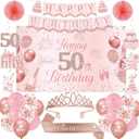 50th Birthday Decorations for Women, 50th Rose Gold Birthday Party Supplies, 50 Years Celebration Kit Including Backdrop, Crown, Sash, banner, Hanging Swirl,Balloons,Paper Fans for Her