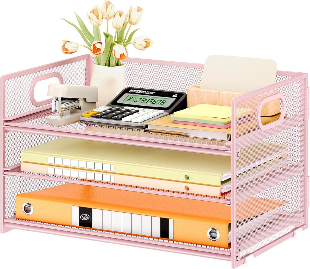 Subekyu 3 Tier Paper Letter Tray Organizer for Desk, Pink Metal Mesh File Folder Sorter Organizer with Handle and 1 PC Sliding Tray for Home Office School Desk Supplies Organization Storage (12.6" x 9.1" x 8.1")