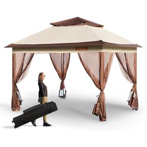 VEVOR Pop up Gazebo for 8-10 Person, with Mosquito Netting, Metal Frame, and PU Coated 250D Oxford Cloth, Outdoor Canopy Shelter for Patio, Backyard, Lawn, Garden, Deck, 11 x 11 FT, Brown