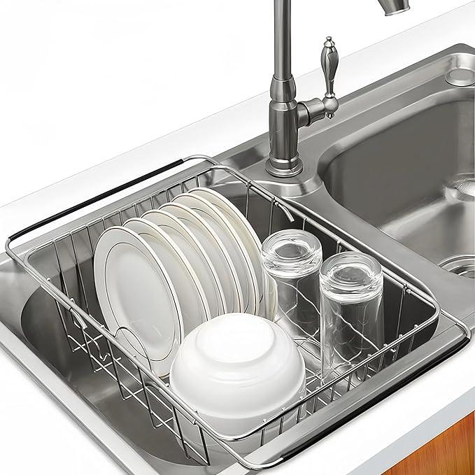 Expandable Dish Drying Rack, Rustproof Stainless Over Sink Dish Drainer Rack Basket Shelf, 304 Stainless Steel Metal Dish Drainer in Sink or On Counter Organizer Dish Dryer Rack for Inside Sink