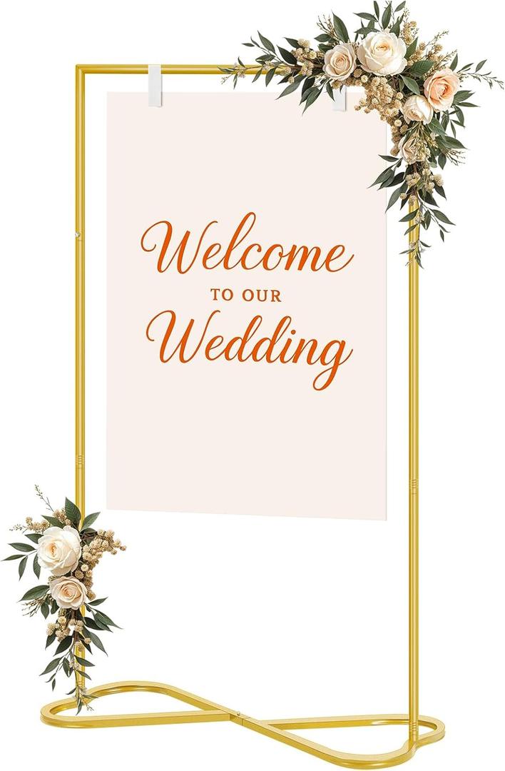 OUSHENG Wedding Welcome Sign Stand, Easel Poster Holder Metal Pictures Photo Board Rack with Heart Base for Reception Party Display Decor Decorations, Gold