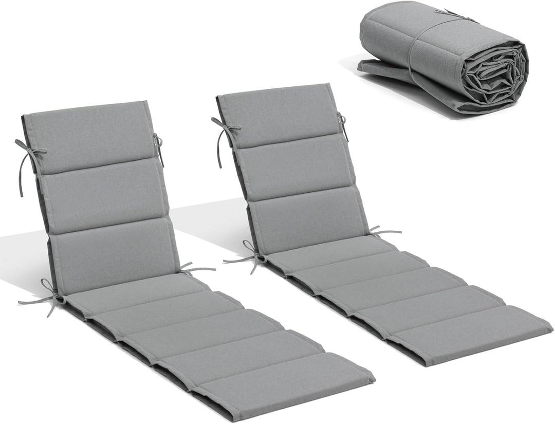Crestlive Products Chaise Lounge Cushion Outdoor Set of 2 72''Lx21''W, Waterproof Foldable Patio Lounge Chair Cushions with Straps, Lounger Cushions for Outdoor Furniture, Lawn, Pool, (Gray)