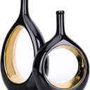 Black and Gold Vase Ceramic Black Vases Home Decor,Modern Minimalist Circle with Hole Decorative Vase, Hollow Ellipse Flower vases for Bookshelf, Fireplace Mantle, Centerpieces,Farmhouse,Rustic Dcor