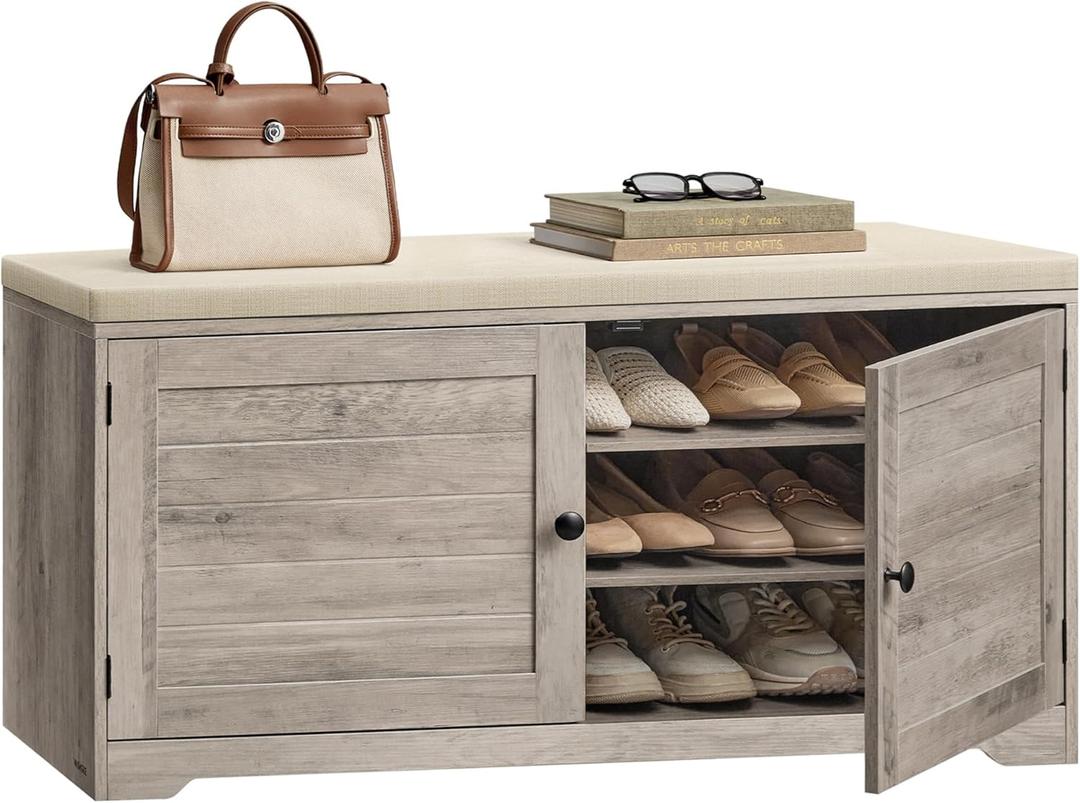 VASAGLE Shoe Storage Bench with Cushion, 3-Tier Entryway Bench with Padded Seat, Doors, Adjustable Shelves, 14 x 39.8 x 20.7 Inches, Hallway, Bedroom, Heather Greige and Cappuccino Beige ULSB044L01