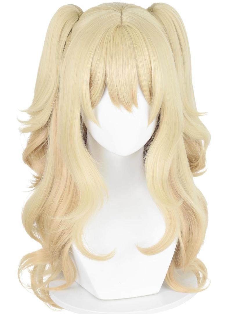 Half and Half Blonde Curly Ponytail Anime Wig with Bangs 27.5'' Long Blonde Twin Tail Wigs Light Golden Orange Gradient Pigtails Wig for Women Costumes Party Halloween