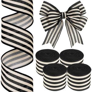 Moukeren 4 Rolls 10 Yard Black and Cream White Wired Stripes Ribbon Rustic Ivory Boho Black and White Wired Edge Ribbon for Wreath Gift DIY Crafts Wedding Party Decoration(2 Inch)
