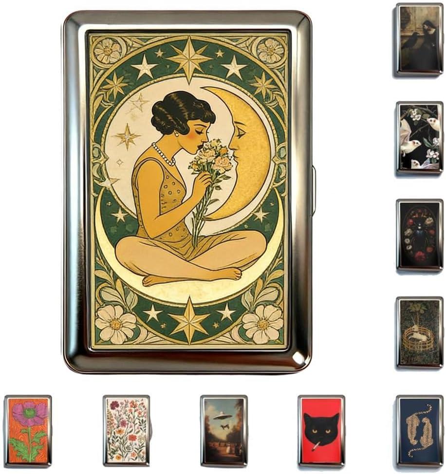 Vintage Art Versatile Metal Card Holder Wallet Versatile Card & Cash Case for Women Men Art Deco Design Metal Wallet Store Credit ID Business Card with Snap Closure