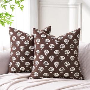 Neutral Floral Throw Pillow Covers 18x18 Vintage Farmhouse Cushion Covers Boho Home Decor for Sofa Chair Couch Throw Pillows for Living Room Bedroom Accent Brown Velvet Floral Pillowcases Set of 2