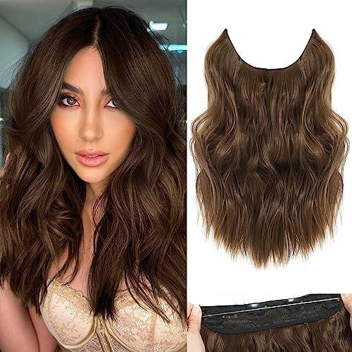 BUPPLER Halo Hair Extensions 12 Inch Invisible Wire Hair Extensions Adjustable Long Wavy Hairpiece Synthetic Upgrade 4 Secure Clips in Hairpieces 12 Inch,Chestnut Brown