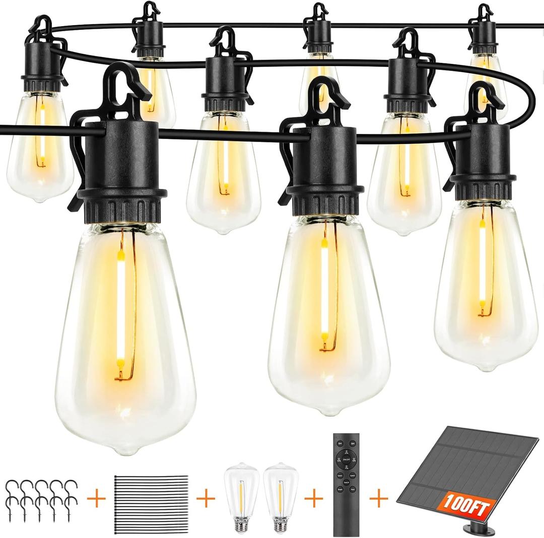 Solar String Lights Outdoor Waterproof 100ft with 52 Shatterproof, Solar Lights Outdoor Remote ST38 Vintage Edison Bulbs, Salor Outdoor Light Hanging Lights Waterproof for Outside Backyard