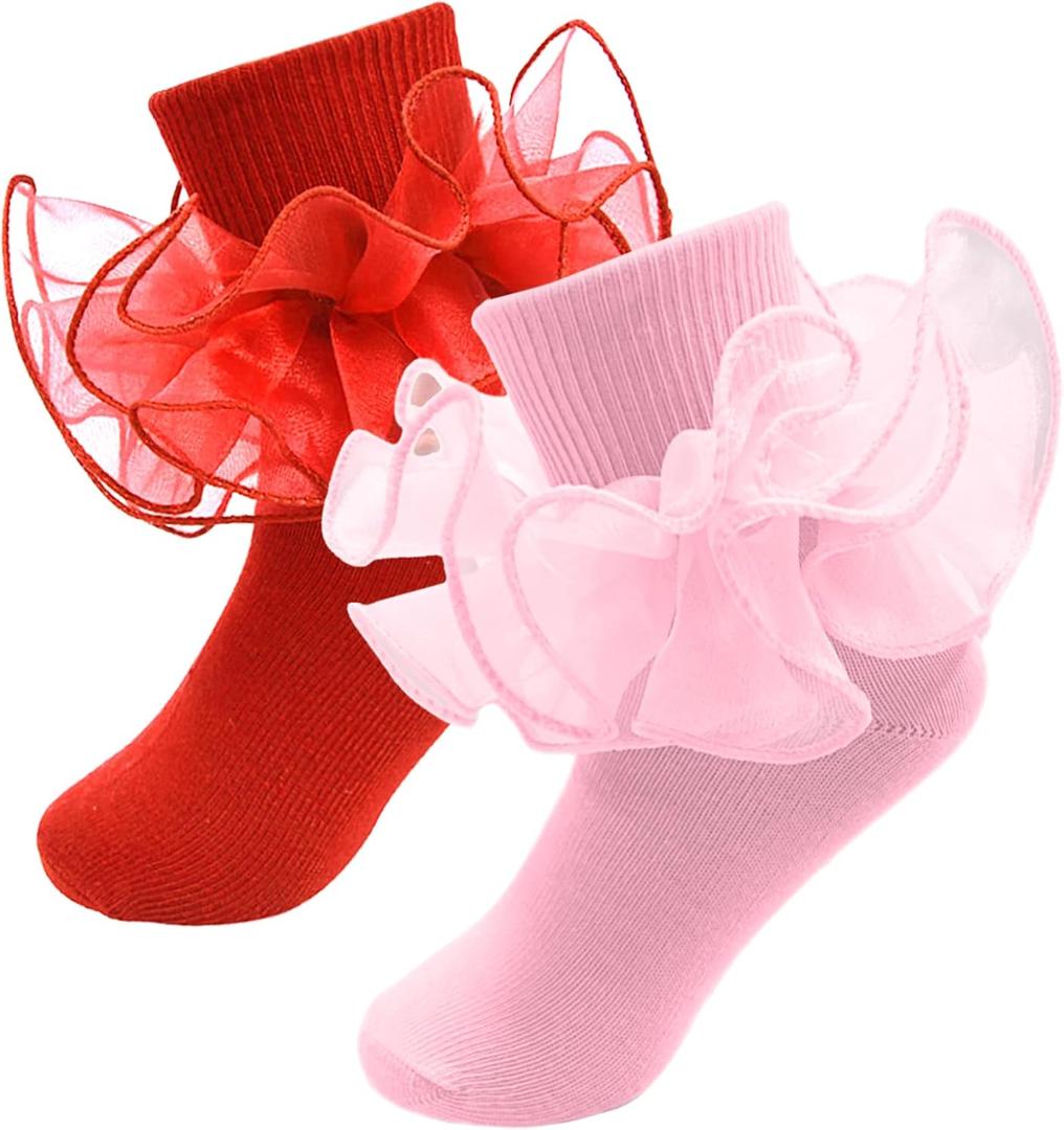 2 Pairs Girls Ruffle Socks Toddler Girl Frilly Dress Socks Fold Double Lace Big Ruffles Church Fancy Sock Little Kids (4-6 Years)