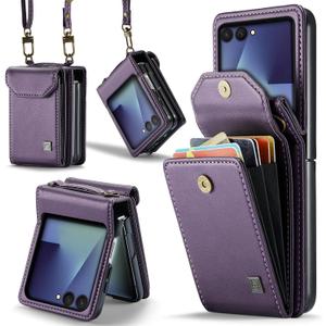 ASAPDOS Crossbody Case Compatible with Samsung Galaxy Z Flip 7, Retro PU Leather Strap Wristlet Flip Case with Magnetic Closure and Card Holder for Men Women Purple