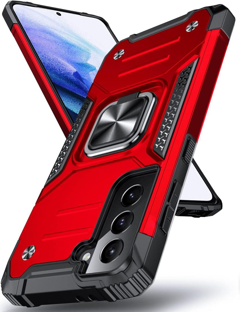 DASFOND Designed for Galaxy S21 Case with Stand, 360 Rotatable Metal Ring Kickstand Military Grade Impact Resistant Shockproof Protective Phone Case Cover for Samsung Galaxy S21, Red