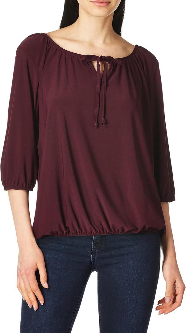 Star Vixen Women's 3/4 Sleeve Peasant Elastic-Hem Keyhole-tie Top (1X, Plum)