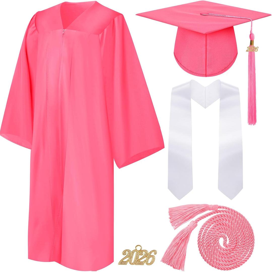 Syhood 4 Pieces 2025 Unisex Graduation Matte Gown Cap Tassel Stole Set Honor Cord for Graduation (Size 48, Pink, White)
