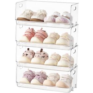 HBlife Clear Acrylic Kids Shoe Rack Baby Toddler Shoe Storage Organizer for Closet Floor Entryway Bedroom, 4 Tier Stackable Small Shoe Rack Shelf Display Stand