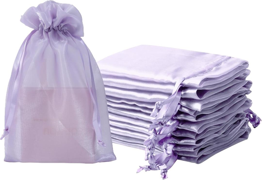 QIANF 20 Pcs Lilac Purple Organza Bags 6X9 inch for Wedding Favors with Drawstring, Large Mesh Gift Bags Jewelry Pouch for Candy Bridal Shower Party Favor Baby Shower Christmas