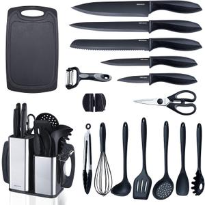 RAXCO Kitchen Utensils Set,18-Piece Cooking Tools and Sharp Knives,Stainless Steel Holder and Cutting Board (Black)