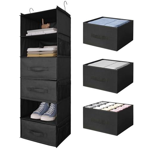 DonYeco 3 Shelf Hanging Closet Organizer with Drawers, Wardrobe Clothes Storage Foldable Portable Hanging Closet Shelves for Clothes Shoes, 47"x13.75"x12.25", Black