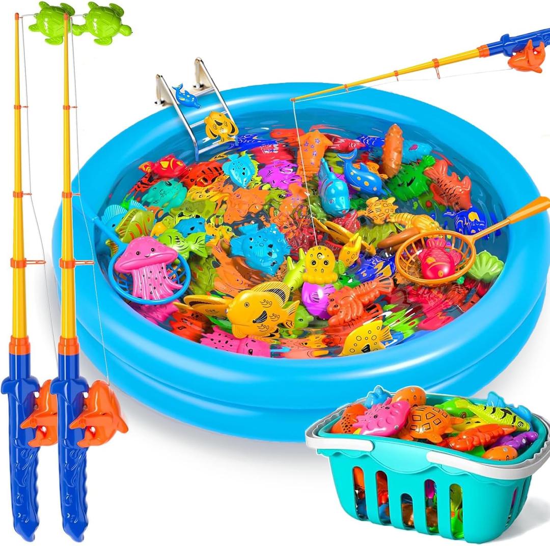Doloowee Magnetic Fishing Game Bath Pool Toys for Toddlers 3-5,48pcs Fishing Toys Game Floating Fish Magnet Pole Rod Net Education Teaching and Learning for Kids Age 3-6 4-8, Medium, Small